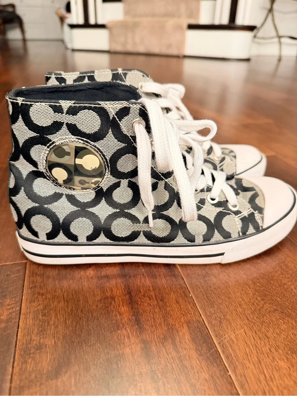 COACH Signature C High Top Sneakers Y2K Monogram Black White 7B